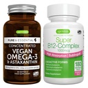 Vegan Omega-3 + Super B12-Complex 1000mcg Vegan Bundle, 可持续环保局 & DHA Algae Oil 1340mg + 高吸附亚语维生素 B12 与 Methylcobalamin, Adenosylcobalamin 和 Hydroxocobalamin, by I