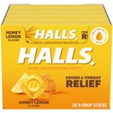 HALLS 咳嗽和喉咙救济 蜂蜜 柠檬 咳嗽,20棒9(180总滴)
