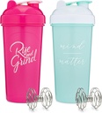 [2 pack] 28-Ounce 摇牌瓶装有动机引号(Pink & Mint/White) QQ 摇牌杯套装有混合调制器 QQ Blender 摇牌瓶装有蛋白质搅拌器包装是 BPA 免费和Disshashher 安全