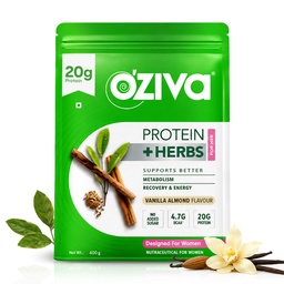 OZIVA 蛋白质和草药用于妇女 1.1升(500克),含多维塔明、库尔库敏、沙塔瓦里、图尔西改进代谢法、激素平衡和皮肤、发型健康、香草杏仁(1.1磅)