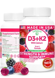 Lunakai USA 制造维生素D3 K2 Gummys with Calcium – 3-in-1 Daily Vegan 妇女、男子和儿童骨骼和免疫支持补充品,60ct