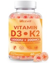WEEVIT 维生素 D3 K2 Gummys,无糖维生素 D3 K2 w/钙,镁,Omega-3,维生素 C,B12,K2 D3 补充