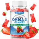 软熊Omega 3 Gummys for Women & Men & Kids Omega 3 补充 1200mg Vegan Omega 3 Fatty Acids DHA EPA 配有维生素支持眼和脑健康,无糖,草莓Flavor 60 Count