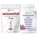 Astaxanthin 12mg Softgel & Resveratrol NAD 3 000mg Veggie Capsules → 2 Pack Bundle → 新鲜微藻源 → 11-in-1 抗氧化剂混合剂 与 Quercetin & Berberine