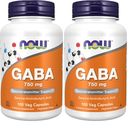 Now Foods Supplies, GABA (Gamma-Aminobutyric Acid) 750mg, 神经递质支持* 100 Veg Capsules, (Pack of 2)