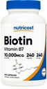 营养成本生物素(维生素B7) 10,000mcg(10mg) 维生素补充剂 240 capsules - 蔬菜,Gluten Free, Quick Release, Non-GMO