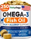 Omega 3 for Dogs - 250 Fish Oil Chews for Dog Shedding, Allergy & Itch Relief, Hot Spot Treatment - Advanced Skin & Coat Supplement - Joint Health - EPA & DHA Fatty Acids - Salmon Oil & Probiotics