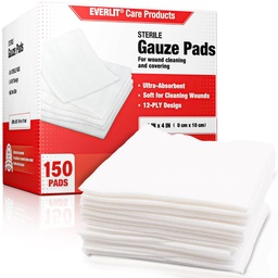 EVERLIT [Extra-Thick] 4''x4'' Sterile Gauze Pad 12-Ply, 150 Pack, Individual Wrapped, Ultra Absorbent Large Non-Woven Medical Gauze Sponges for Wound Care Home First Aid Kit