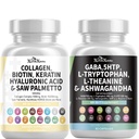 Mood + Glow Bundle – GABA Complex with 5-HTP, L-Tryptophan, L-Theanine, Ashwagandha, SAM-e, Vitamins D3 & B6, Magnesium & L-Tyrosine + Collagen Peptides I, II, III & V with Biotin, Keratin,
