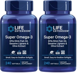 生命延长 Super Omega-3 EPA/DHA 鱼油,芝麻丽根和橄榄提取 – 心脏,脑,炎症健康支持,无胶质,容易吞,Non-GMO,240 Softgels (Pack of 2)