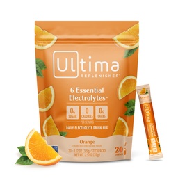 Ultima Replenisher Daily Electrolyte Powder Drink Mix – Sugar Free – Orange, 20个粘盘包 – 带有6个关键电解质和追踪矿物的水化包 – Keto Friend, Vegan, Non-GMO