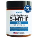 L 甲基folate 15mg 5-MTHF + 甲基 B12 → 高潜力甲基folate 补充 → 活性甲基Folate 维生素 B9 → MTHFR 补充 → 富拉特 女性和男性 → 90 Capsules