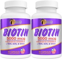Sunshine Naturals Biotin Dietary Supplement. for Healthier Skin, Thicker Hair, Nail Growth. Collagen, Vitamin A, B for Hair Loss, Beauty, Cell Renewal, Scalp Health. 5000 mcg. 90 Capsules. Pack of 2