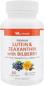 ML Naturals Premium Lutein & Zeaxanthin 与比尔贝里60蔬菜卡普尔. 露天40毫克,泽克桑丁5毫克,比尔贝里100毫克. 精品质. 健康的眼睛和视觉, NSF 认证 & cGMP 压缩