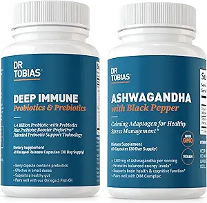 Tobias Deep Imune Probiotics & Prebiotics博士和Ashwagandha Capsules博士,支持文摘、能源和免疫健康,非GMO