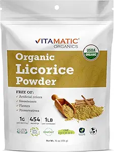 (原始内容存档于2018-09-21) (英语). Vitamatic ANDA Organic Licorice Root Powder – 1 lb (16 oz) 也被称为 Malethi 或 Mulethi 纯 Glycyrrhiza Glabra → 支持呼吸,消化,和免疫健康