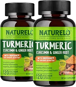 NATURELO Turmeric Curcumin - BioPerine for better Absociation - 黑胡椒,姜根,Curcuminoids - 植物联合不适支持 - 120 Vegan Capsules (包2)