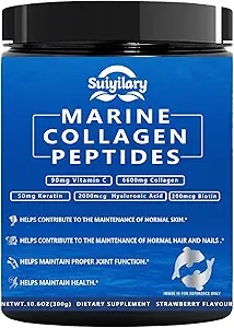 Collagen Peptides Powder for Women, Multi Marine 水解健康头发,皮肤,含Hyaluronic酸的钉子,Biotin,维生素C,30 services (10.6 OZ,草莓)