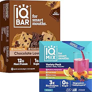 IQBAR Brain and Body Keto 蛋白棒 - 12名巧克力爱好者Variety Low Carb, Vegan Bars & IQMIX 糖自由电解质粉包 - 8名标本员 Pack Keto Electrolytes with Lions Mane