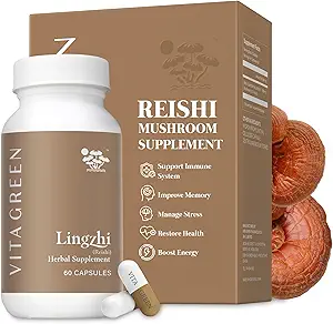 Vita Green Lingzhi 蘑菇补充 - 免疫支持与自然能源 Capsules - 红色 Reishi 蘑菇 Powder - 纯5 维权者 Blend - 60 Capsules
