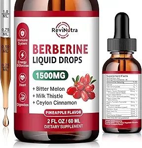 Berberine HCL液滴, 1500mg Berberine 补充 锡兰桂, Bitter Melon, 牛奶硝酸盐用于Imune, Digestion System & Heart Health, 2 Fl Oz, 无糖菠萝 Flavor