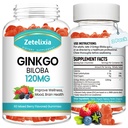 2 Pack Ginkgo Biloba Gummys for Women and Menage, Brain 补充大脑,改善模具和焦点,Vegan 混合莓火花120 Counter
