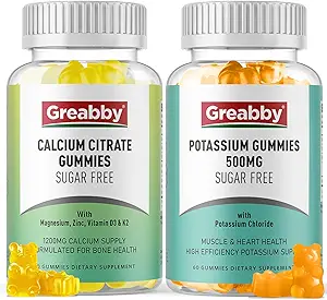 Gummys钾和钙 Citrate Gummys,无糖,氯化钾500毫克,钙 Citrate 1200毫克,骨骼和肌肉健康