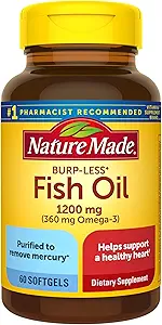 天然制Burp-Less鱼油 1200毫克,60软胶,鱼油Omega 3 心脏健康补充剂(包3)