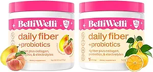 Belli Welli Daily Fiber Supplement Bundle with collagen, Probiotics & Electrolytes – Peach Mango & Orange Yuzu 普通话的火焰 – 支持文摘, Gut平衡 & Debloating – 32 服务总计