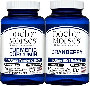 Morse医生的Turmeric Curcumin 1950mg & Cranberry 30000mg Bundle -- -- 联合支助、尿道切克健康以及Imune Boost 与生物Perine & Vitamin C、FDA-注册、NSF-认证90 Capsules