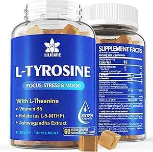 L Tyrosine Gummys 1100mg Mood 支持与 Ashwagandha, L- Theanine, 维生素B 复合体 B6, Folate B9, 用于焦点和记忆, 认知和脑功能, 能量靴, 压力支持, Vegan 60Cts