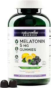 NatureWise Melatonin Gummys 5mg - 与 Ashwagandha, Valerian Root - BlackBerry - Lemon Flavor - Vegan, Gluten Free, Non-GMO - 180 Count [90-Day Supplication] 组成睡眠支持补充