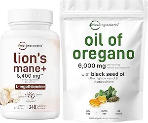 Oregano Softgels 300 Count & Lions Mane 补充 240 Veggie Capsules Bundle 2 Pack QQ Carvacrol & Thymoquinone 超食品蘑菇 抗氧化剂 L-Ergothioneine