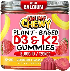 中心-填充维生素D3 K2 Gummys - 儿童,青少年和成年人 - 健康牙齿,骨骼,能量和豁免补充 - 5000 IU D3,120 mcg K2(MK-7),120 mg 钙 - Vegan & Non-GMO - 60 Counter