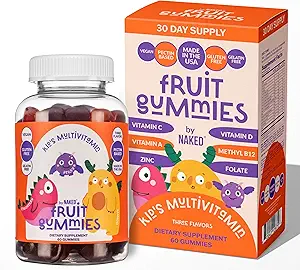 裸营养儿童 维生素Gmmies,美国制造, GMO Free, Gluten Free, Gelatin Free, Vegan, 儿童维生素A, C, D, E, B6, B12, Zinc, 3水果火焰, 30天供应