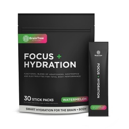 BrainTree Nutrition - Focus + Hydration - Electrolyte Drink Mix - Total Body Hydration - Supports Cognitive Function, Energy & Muscle Recovery - Sugar Free - Watermelon - 30 Stick Packs