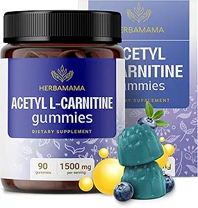 HERBAMAMA ALCAR Acetyl L-Carnitine 1500mg Gummys - L Carnitine 能源、重点和大脑支持补充剂 - Vegan, Non-GMO - 90 Pectin-Blueberry-Chews