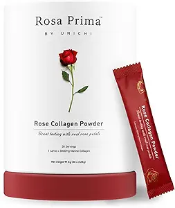 Unichi Rose Collagen Peptides Powder,水解的Marine Collagen I型,III型,配有维生素A,C,E型在Rose Petal Powder中用于头发,钉子和皮肤健康,0糖,0脂肪,Rose Petal Flavour,30种服务