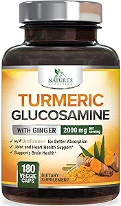 Turmeric Curcumin Supplement 2000mg - 95% Curcuminoids with Glucosamine, Ginger & MSM, BioPerine Black Pepper for Best Absolute, Natural's Vegan 联合支持, Non-GMO, Bottled in USA - 180 Capsulles (英语).