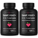 Blood Pressure Support Supplement, 8-in-1 Beet Root Capsules for Healthy Circulation, Heart Health & Energy – Hawthorn Berry, Hibiscus, Garlic & Grape Seed - Beet Juice Alternative - 240 Capsules