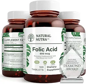 天然核糖体酸 Folate Vitamin B9 补充剂,产前维生素促进心脏和心血管健康,红血球形成,蔬菜和葡萄糖免费补充剂,800毫克克,100块