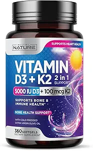 由自然维生素D3 K2制造,配以冷压外生橄榄油 – 5000 IU 维生素D,100 mcg 维生素K MK-7 补编 – 容易吞咽 迷你软胶 - 1年供应 - 360 Softgels