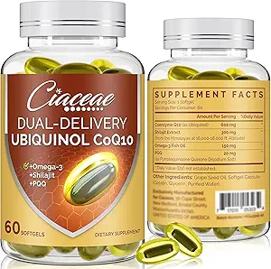 Ubiquinol CoQ10 600 MG 软胶与Omega-3 & Shilajit & PQQ,高级双联产Coenzyme-Q10,活性CoQ10 Ubiquinol 生育率,抗氧化剂,心脏,脑和能量的补充,120服务