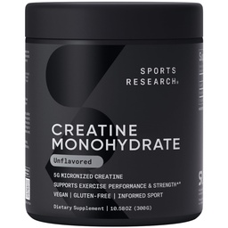 运动研究 Creatine Monohydrate - Gain Lean Muscle, 提高性能和力量以及支持工作恢复 - 5克微量化Creatine - 10.58 oz