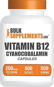 Bulk Assupports.com 维生素B12 Capsules - as Cyanocobalamin, 维生素B Supplement, 维生素B12 200 mcg - 能量维生素, Gluten Free, 1 Capsule per Service, 500 Capsules (Pack of 1)