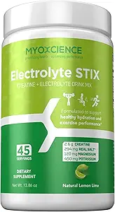 MYOXCIENCE 电解质 STIX | Creatine Electrolyte Powder | 从锻炼与肌肉发育w/Real Salt(Lemon Lime Flavor)中恢复(Jar 45 ct).