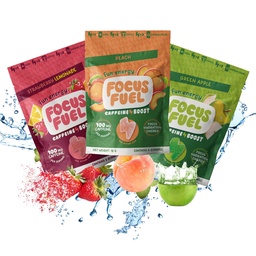 FocusFuel Energy Chews – 试射大小 品种 包装(9 services) – 100mg Cafeine + Alpha GPC + L- Theanine + B12, 镁 – 桃子, 绿色苹果, 草莓柠檬汁 Flavors – 无崩盘或Jiters