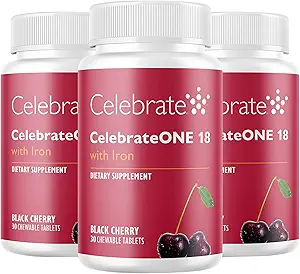 庆祝维生素 庆祝18 Chewables,18mg Iron - Once Daily Bariatric 多维生素,基本维生素和矿物 - Gastric Bypass & Sleeve Gastrectomy 补充 - 黑樱桃(90片)