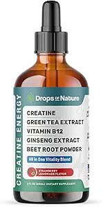 Creatine Monohydrate and Vitamin B12 Drops - 与甜菜根粉,有机绿色茶和Ginseng - Vegan,比Creatine Gummys更快吸收 - 能量和生命力支持(Strawberry Lemonade,60mL)