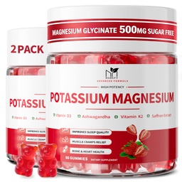 2 Pack Potassium Magnesium Gummies, Sugar Free Potassium Supplement Magnesium Glycinate 500mg, Ashwagandha, Vitamins D3, C, B6, Calcium & Zinc for Sleep, Leg Cramps & Muscle Relaxation-120 Count